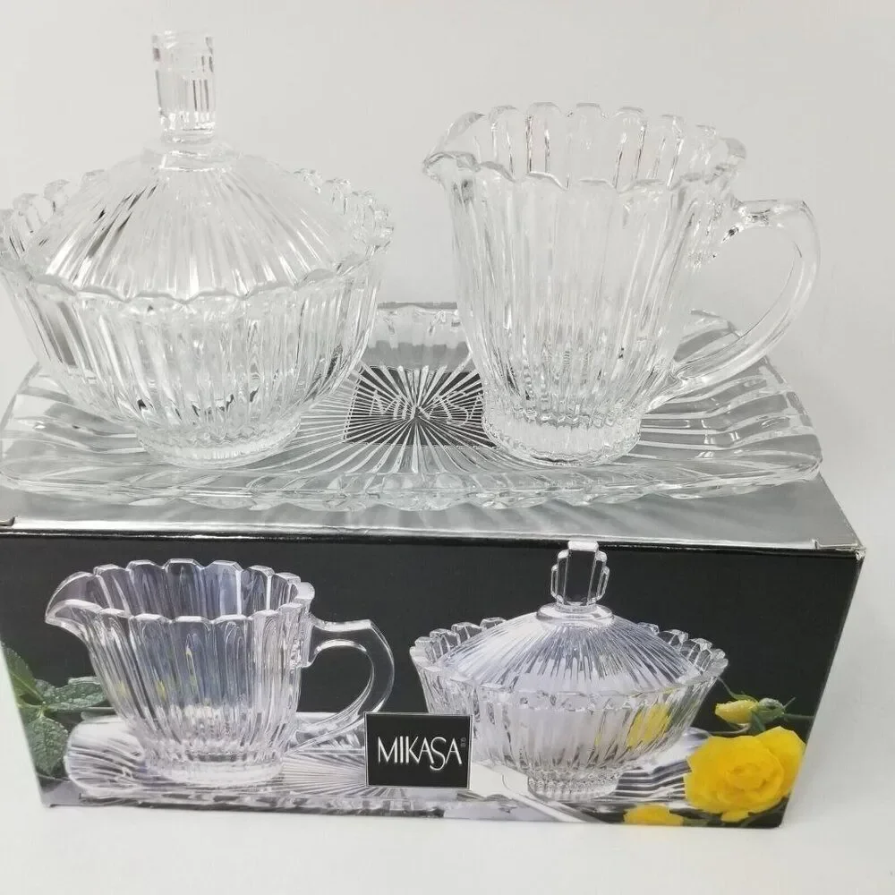 Vintage Mikasa Royal Suite Cut Crystal Covered Sugar Bowl Creamer Tray New